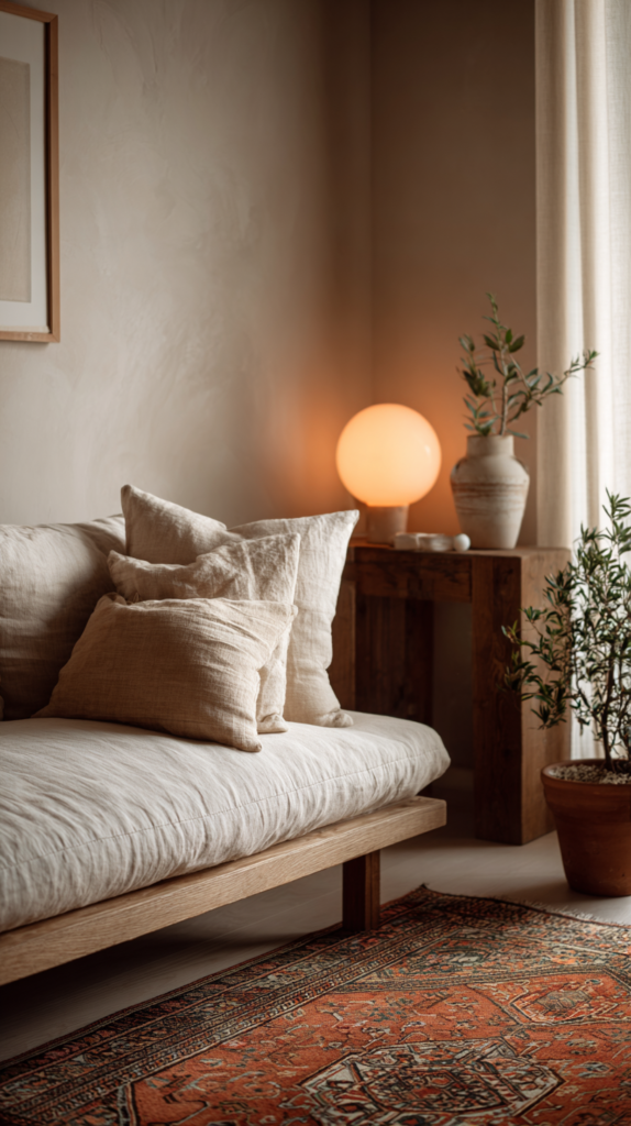 Cozy lounge-inspired small living room with Turkish rug, low seating and warm lighting.