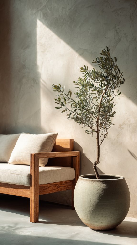 Minimalist living room with a ceramic diffuser and a calm cozy evening atmosphere.