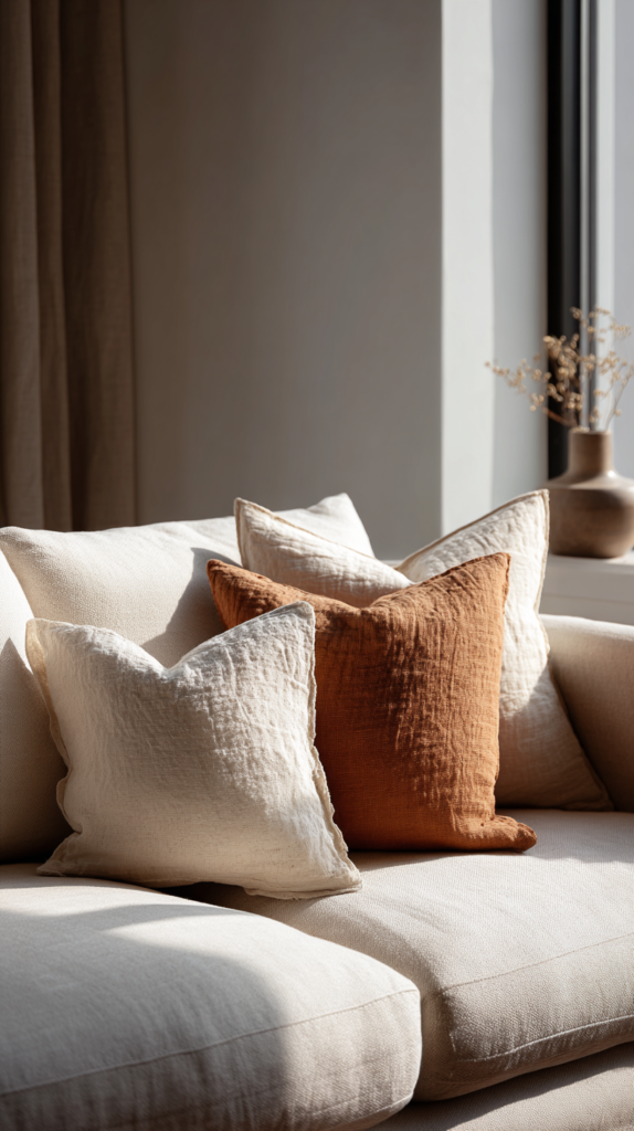 Minimalist sofa styled with neutral textured pillows and one accent cushion.