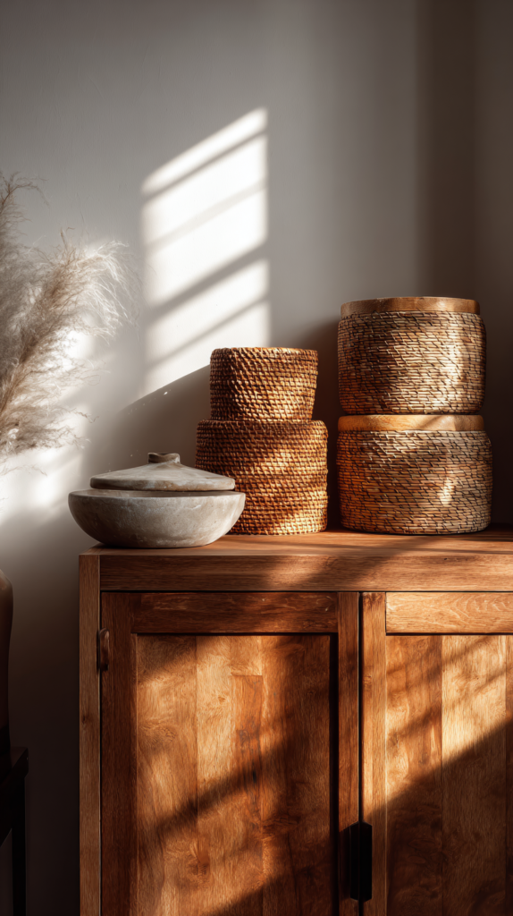 Minimalist apartment decor living room with a single plant in a neutral ceramic pot.