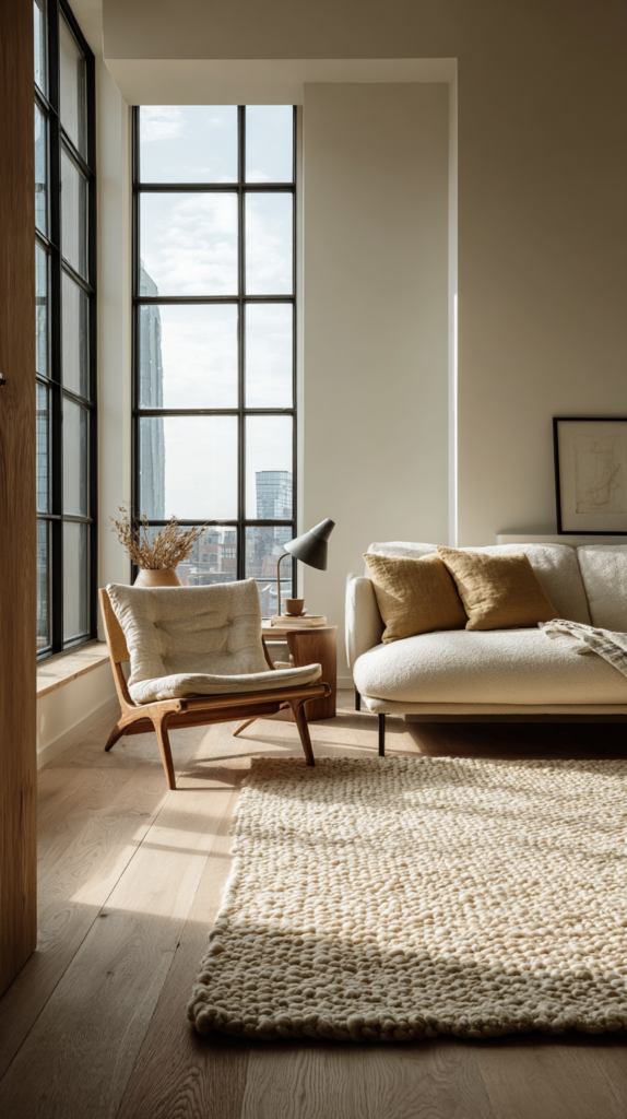Minimalist living room with light furniture anchored by a large textured rug.