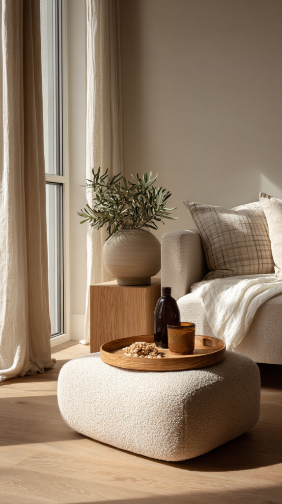 Minimalist living room with no coffee table, using a small ottoman and side table.