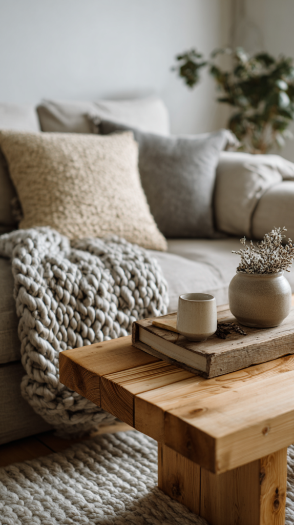 Modern cozy living room with a wool rug and a chunky wool throw adding warmth to a neutral space.