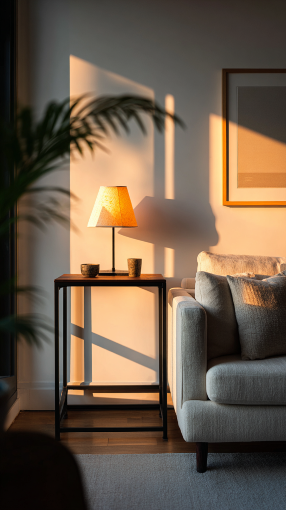 Modern neutral apartment living room with a low lamp on a console table.