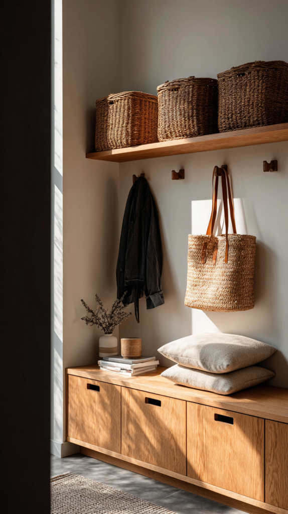 Bright mudroom entryway drop zone with hooks, bench, baskets, and a tidy counter.