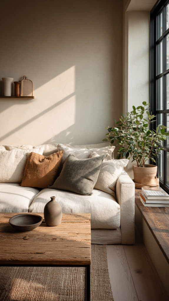 Narrow living room furniture layout with no coffee table and clear walkway.
