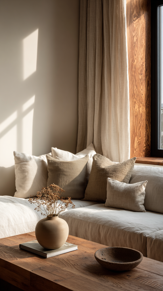 Neutral living room with linen curtains and linen sofa creating a soft, airy base.