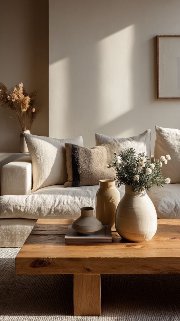 Organic modern living room with linen sofa, warm wood accents, and soft wool textures in neutral tones.