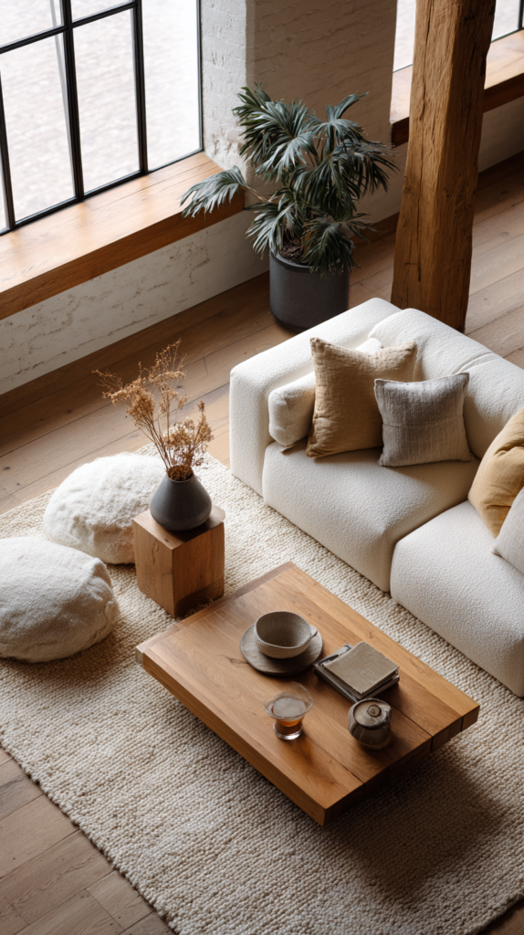 Organic modern living room with two couches in an L-shape, wool rug and warm wood accents.