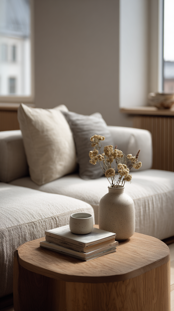 Small apartment living room with compact sectional and round side table for better flow.