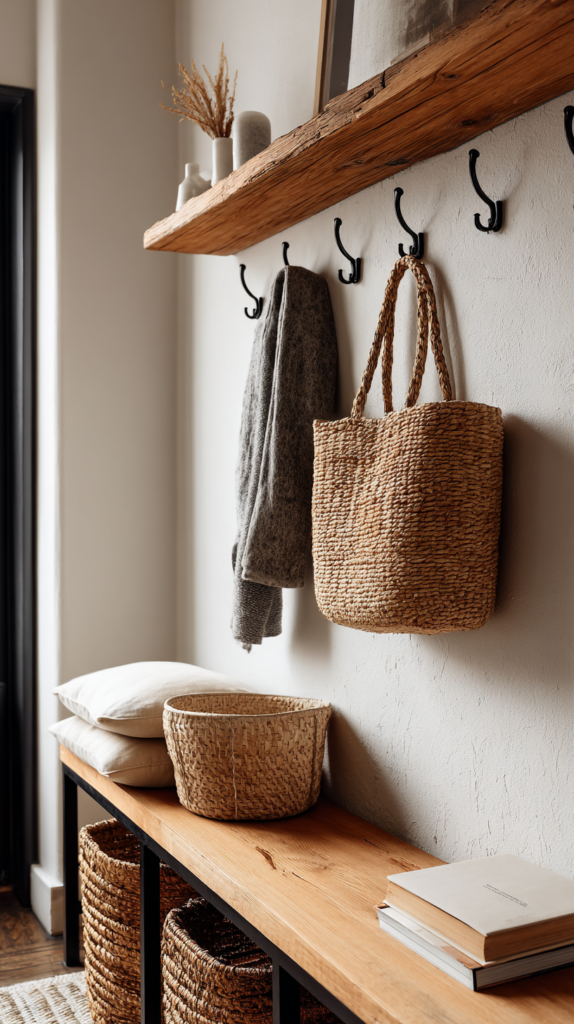 Small entryway drop zone in a hallway with a narrow shelf, hooks, and baskets.