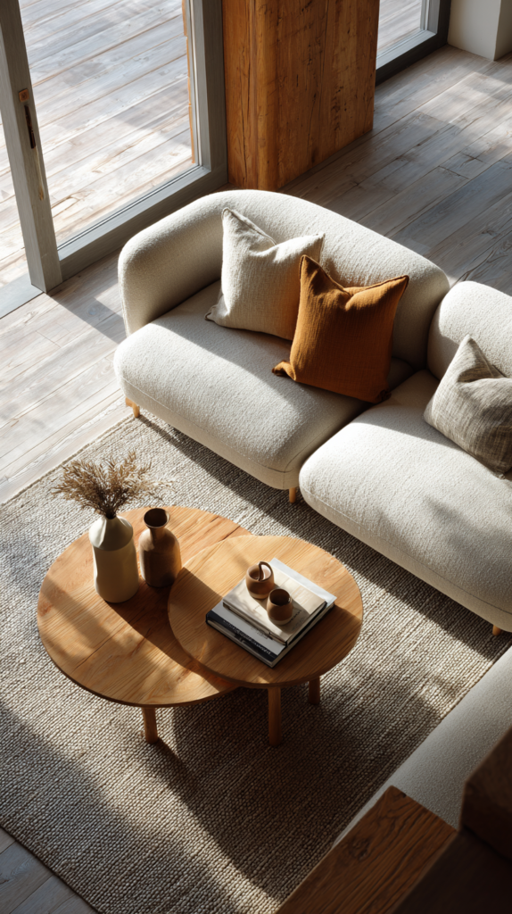 Small living room design with two couches in L-shape, cozy neutral palette and clear walkway.
