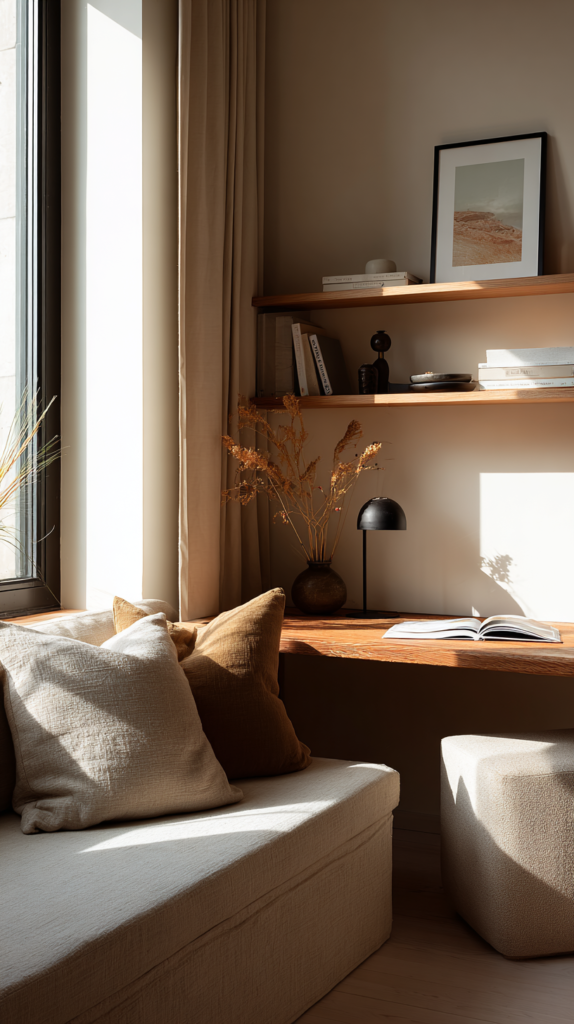Small space living room with sofa zone plus slim desk behind it for multifunctional living.