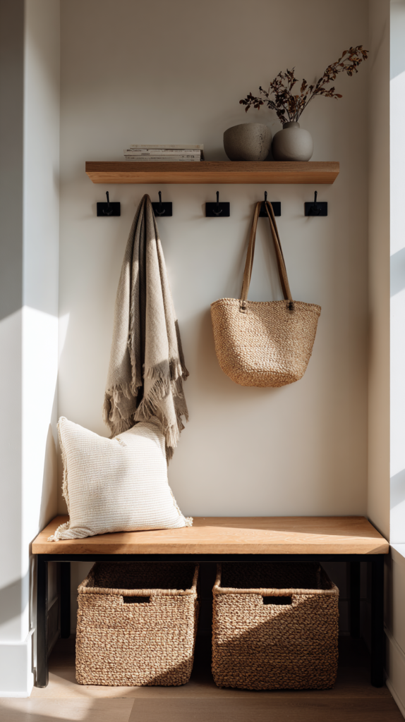 Very small entryway drop zone with a slim ledge, hooks, and baskets—designed for tiny spaces.