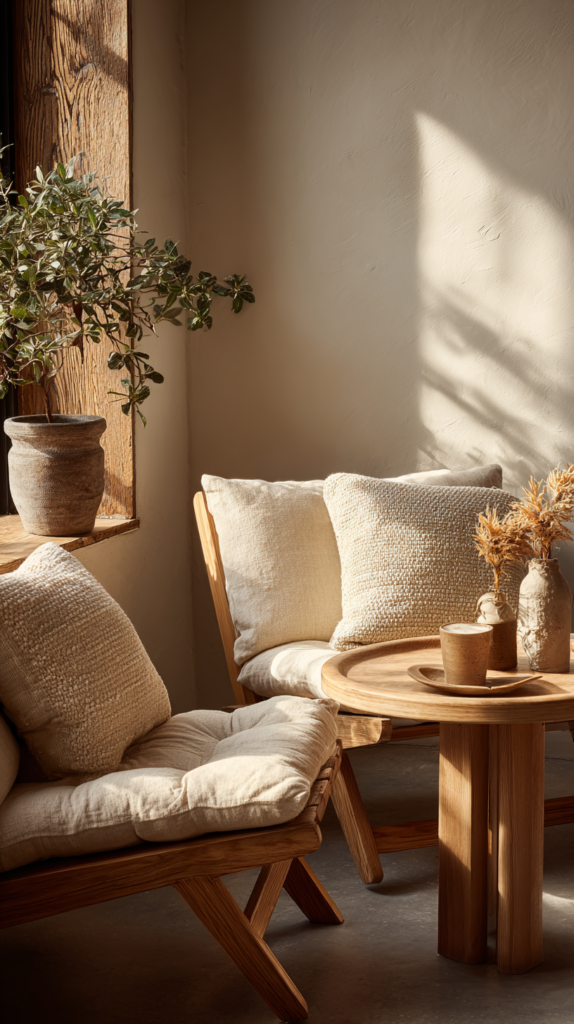 Tiny living room seating layout with loveseat and two compact chairs facing each other.