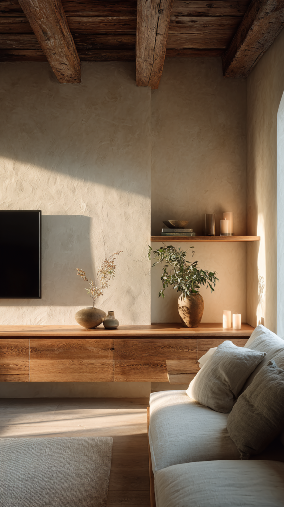 Very narrow living room layout with TV on long wall and shallow sofa opposite.