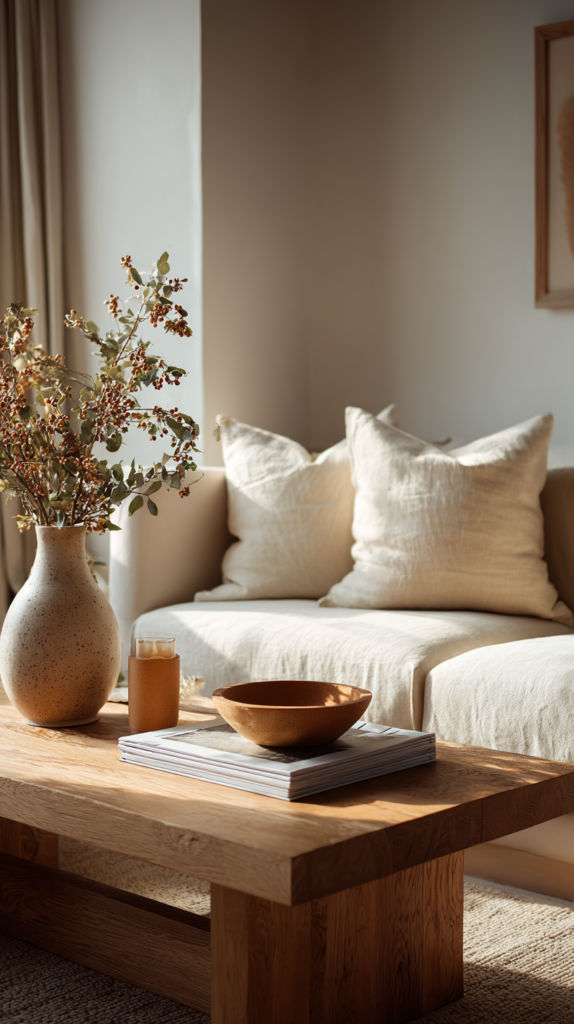 Long living room with organic modern seating zone and a small reading corner for smart design.
