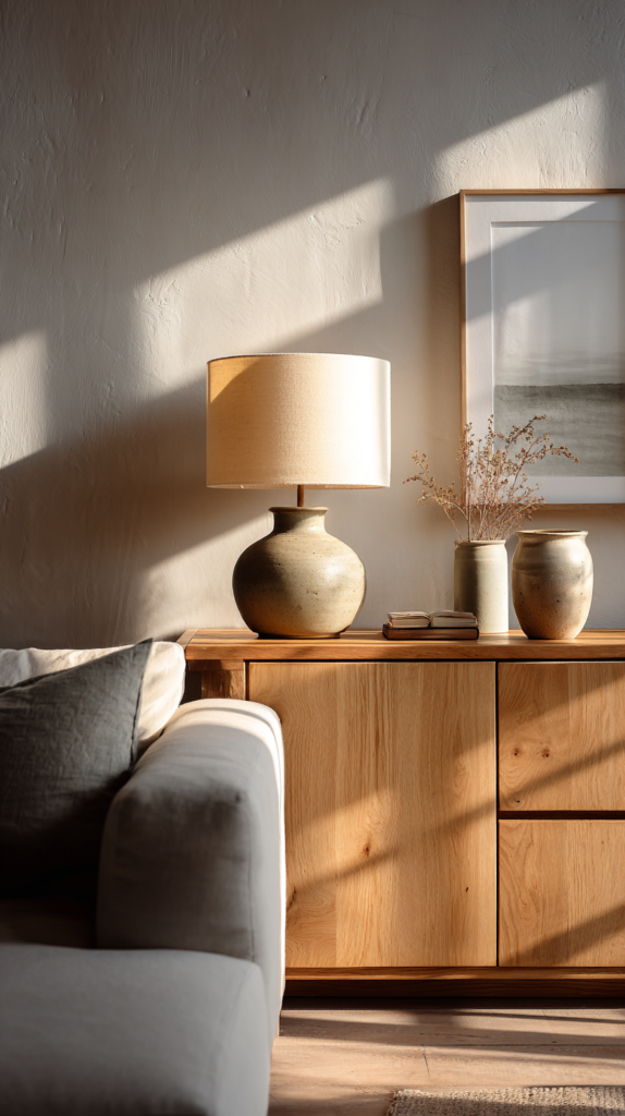 Warm modern living room with a light oak console and minimal decor for a grounded organic look.